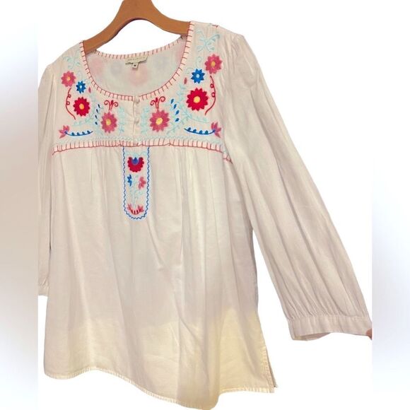 Annie Griffin Sz M White Boho Peasant Embroidered Floral Relaxed Flowy Blouse - Picture 3 of 7
